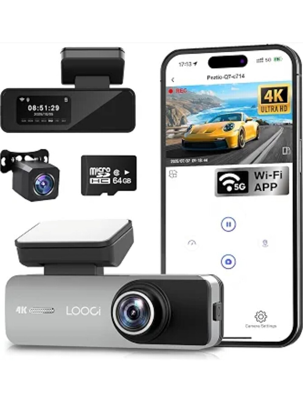 LOOCI C2A 4K Front & 1080P Rear Dash Cam with Wi-Fi, Night Vision & 64GB Card